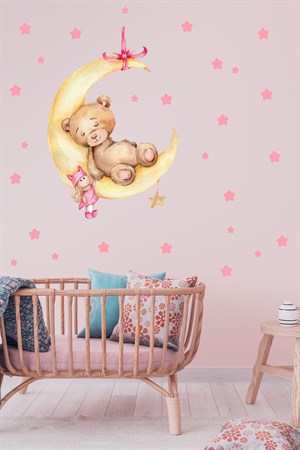 Ayda Uyuyan Sevimli Ayıcık , Bebek ve Pembe Yıldızlar Sticker Seti