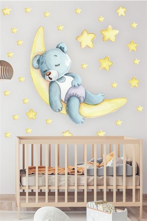 Ayda Uyuyan Uykucu Ayıcık ve Sarı Yıldızlar Çocuk Odası Sticker S