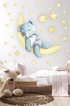 Ayda Uyuyan Uykucu Ayıcık ve Sarı Yıldızlar Çocuk Odası Sticker S