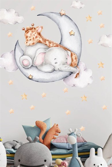 Ayda Uyuyan Zürafa Ve Fil ,yıldız Ve Bulutlu Sticker Seti Çocuk Bebek Odası Sticker