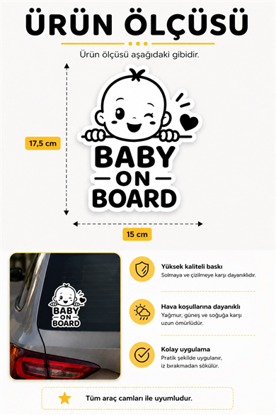 Baby On Board Beyaz Oto Cam Stickerı 15x17,5 cm | Arabada Bebek Var Araç Stickerı