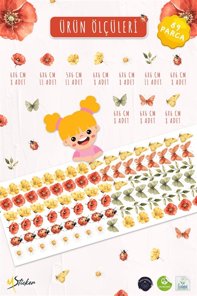 Bahar Çiçekleri ve Uğur Böceği Duvar Sticker Seti 89 Parça | Papatya, Gelincik, Kelebek Temalı
