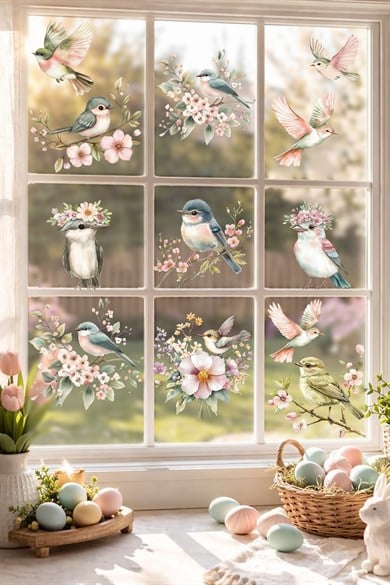 Bahar Kuşları Cam Sticker Seti – Çiçekli Uçan Kuş Duvar Sticker – Çift Taraflı Cam Süsü - Cam Dekor