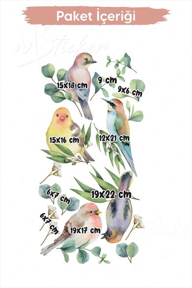 Bahar Kuşları ve Yapraklar Cam Duvar Sticker Seti