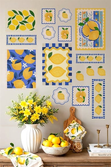 Bahar Temalı Limon Duvar Sticker Seti | Akdeniz Tarzı Zarif ve Ferah Mutfak Dekoru, Dekoratif Set