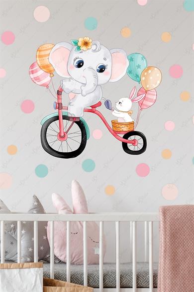 Bisiklet Süren Sevimli Fil ve Tavşan Sticker Seti, Çocuk Bebek Odası Sticker