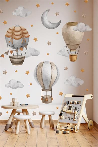Bohem Retro Balonlar ve Yıldızlar Çocuk Bebek Odası Kreş Anaokulu Süsleme Sticker Seti Mat Yüzey 