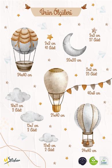 Bohem Retro Balonlar ve Yıldızlar Çocuk Bebek Odası Kreş Anaokulu Süsleme Sticker Seti Mat Yüzey 