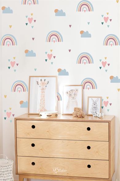Boho Gökkuşağı Kalpler ve Figürler Çocuk Bebek odası Duvar Sticker Seti, Pastel Renklerde Gökkuşağı