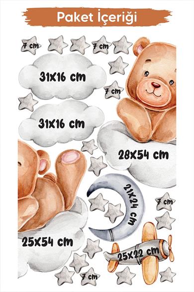 Bulutta Sevimli Ayıcık ve Yıldızlar Bulutlar Sevimli Sticker Seti Çocuk Bebek Odası Cam Duvar Sticke