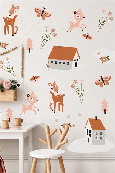 Ceylanlar ve Çiftlik Temalı Çocuk Bebek odası Pastel Sticker Duvar Cam Seti