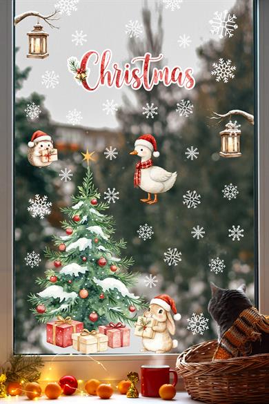 Christmas Yılbaşı Cam Sticker Seti 50 Parça – Çift Taraflı Baskı, Suya Dayanıklı, Kar Tanesi Figürler