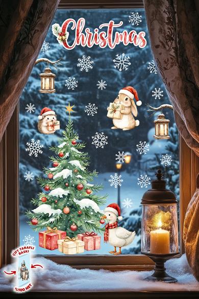 Christmas Yılbaşı Cam Sticker Seti 50 Parça – Çift Taraflı Baskı, Suya Dayanıklı, Kar Tanesi Figürler