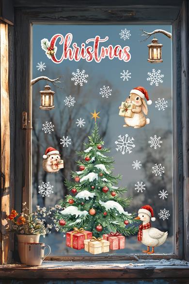 Christmas Yılbaşı Cam Sticker Seti 50 Parça – Çift Taraflı Baskı, Suya Dayanıklı, Kar Tanesi Figürler