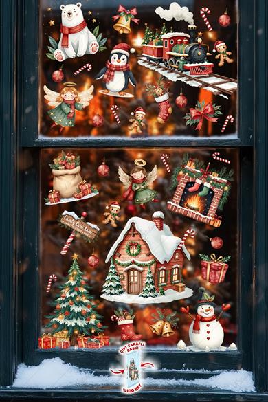 Christmas Yılbaşı Cam Sticker Seti 60+ Parça – Çift Taraflı Baskı, Suya Dayanıklı, Kar Tanesi & Noel Dekoru