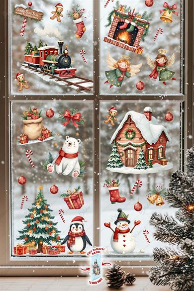 Christmas Yılbaşı Cam Sticker Seti 60+ Parça – Çift Taraflı Baskı, Suya Dayanıklı, Kar Tanesi & Noel Dekoru