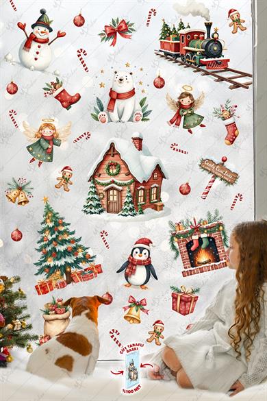 Christmas Yılbaşı Cam Sticker Seti 60+ Parça – Çift Taraflı Baskı, Suya Dayanıklı, Kar Tanesi & Noel Dekoru
