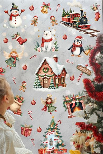 Christmas Yılbaşı Cam Sticker Seti 60+ Parça – Çift Taraflı Baskı, Suya Dayanıklı, Kar Tanesi & Noel Dekoru