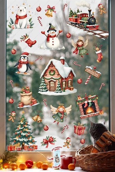 Christmas Yılbaşı Cam Sticker Seti 60+ Parça – Çift Taraflı Baskı, Suya Dayanıklı, Kar Tanesi & Noel Dekoru
