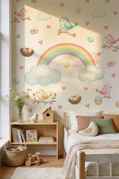 Çiçek Dalında Kuşlar ve Gökkuşağı Duvar Stickerı | 83 Parça Çocuk Bebek Odası Duvar Süsü | Rainbow