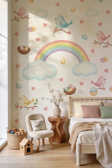 Çiçek Dalında Kuşlar ve Gökkuşağı Duvar Stickerı | 83 Parça Çocuk Bebek Odası Duvar Süsü | Rainbow