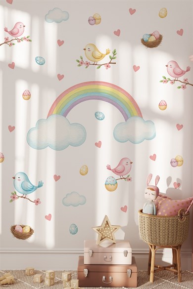 Çiçek Dalında Kuşlar ve Gökkuşağı Duvar Stickerı | 83 Parça Çocuk Bebek Odası Duvar Süsü | Rainbow