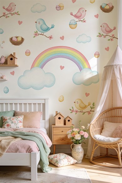 Çiçek Dalında Kuşlar ve Gökkuşağı Duvar Stickerı | 83 Parça Çocuk Bebek Odası Duvar Süsü | Rainbow