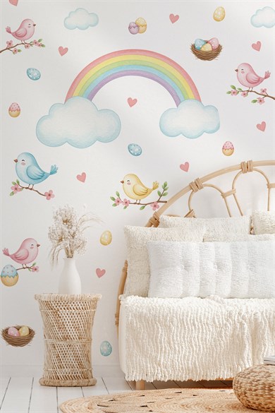 Çiçek Dalında Kuşlar ve Gökkuşağı Duvar Stickerı | 83 Parça Çocuk Bebek Odası Duvar Süsü | Rainbow