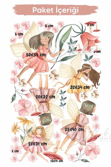 Çiçek Perileri ve Mantarlar Çocuk Bebek Odası Sticker Seti