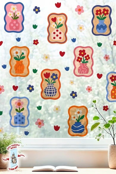 Çif Taraflı Baskılı Renkli Çiçekli Vazo Duvar Sticker Seti – 68 Parça, 9 Model, Çocuk Salon Dekor