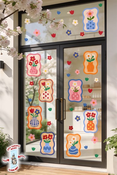 Çif Taraflı Baskılı Renkli Çiçekli Vazo Duvar Sticker Seti – 68 Parça, 9 Model, Çocuk Salon Dekor