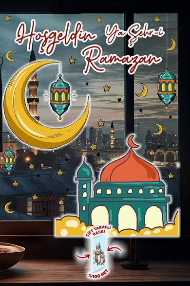 Çift Taraflı Baskılı Cam İçin Ramazan Ayı Temalı Cam Duvar Süsleri Hoşgeldin Ramazan Sticker Seti