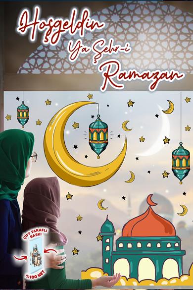 Çift Taraflı Baskılı Cam İçin Ramazan Ayı Temalı Cam Duvar Süsleri Hoşgeldin Ramazan Sticker Seti