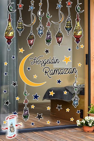 Çift Taraflı Baskılı Cam İçin Sarkıtlı Fenerli Ramazan Ayı Temalı Cam Duvar Süsleri Hoşgeldin Ramazan Sticker Seti