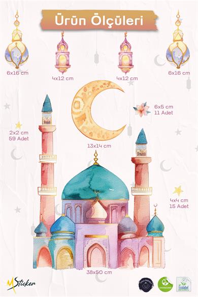 Çift Taraflı Baskılı Cam İçin Soft Renklerde Cami Ramazan Ayı Temalı Cam Duvar Süsleri Hoşgeldin Ramazan Sticker Seti