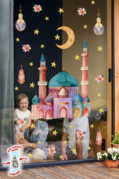 Çift Taraflı Baskılı Cam İçin Soft Renklerde Cami Ramazan Ayı Temalı Cam Duvar Süsleri Hoşgeldin Ramazan Sticker Seti