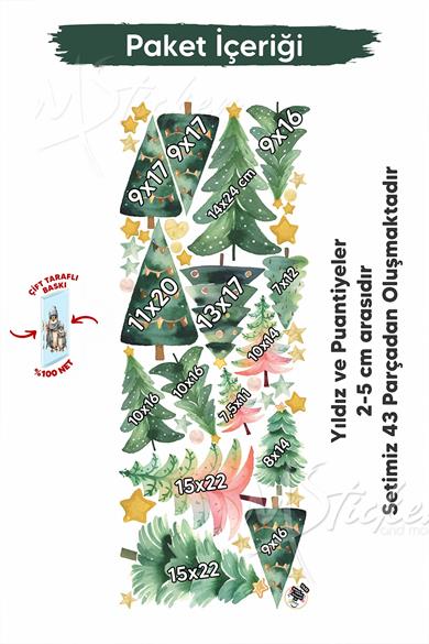 Çift Taraflı Baskılı Yeni Yıl Çam Ağaçları Sticker Seti, Yılbaşı Sticker Süsü Çam Ağaçları 