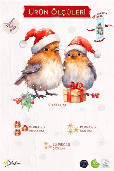 Çift Taraflı Baskılı Yeni Yıl Yılbaşı Kuşları ve Sevimli Figürler Cam Sticker Seti Yılbaşı Stickerı