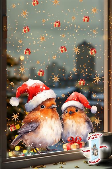 Çift Taraflı Baskılı Yeni Yıl Yılbaşı Kuşları ve Sevimli Figürler Cam Sticker Seti Yılbaşı Stickerı