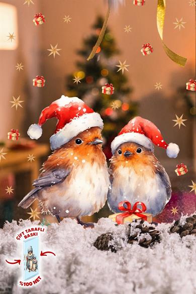 Çift Taraflı Baskılı Yeni Yıl Yılbaşı Kuşları ve Sevimli Figürler Cam Sticker Seti Yılbaşı Stickerı