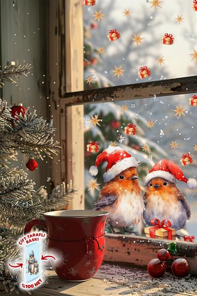 Çift Taraflı Baskılı Yeni Yıl Yılbaşı Kuşları ve Sevimli Figürler Cam Sticker Seti Yılbaşı Stickerı