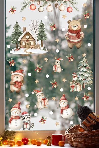 Çift Taraflı Baskılı Yılbaşı Evi ve Sevimli Hayvanlar Yeni Yıl Çocuk Bebek Odası Sticker Seti, Çift Yönlü Yılbaşı