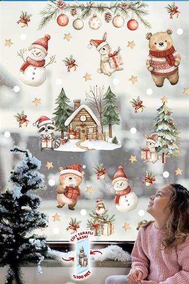 Çift Taraflı Baskılı Yılbaşı Evi ve Sevimli Hayvanlar Yeni Yıl Çocuk Bebek Odası Sticker Seti, Çift Yönlü Yılbaşı