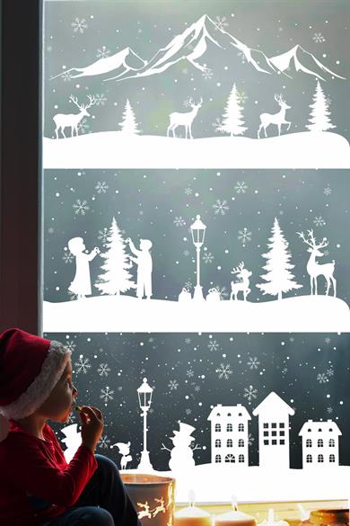 Çift Taraflı Beyaz Baskılı 54 Parça Beyaz Rüya Seti Yeni Yıl Çocuk Bebek Odası Sticker Kar Taneleri