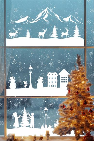 Çift Taraflı Beyaz Baskılı 54 Parça Beyaz Rüya Seti Yeni Yıl Çocuk Bebek Odası Sticker Kar Taneleri