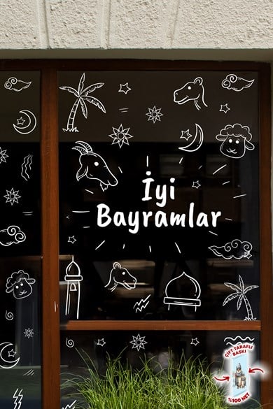 Çift Taraflı Beyaz Baskılı Kurban Bayramı Cam Sticker Seti 91 Parça Bayram Süs Bayram Sticker Kurban