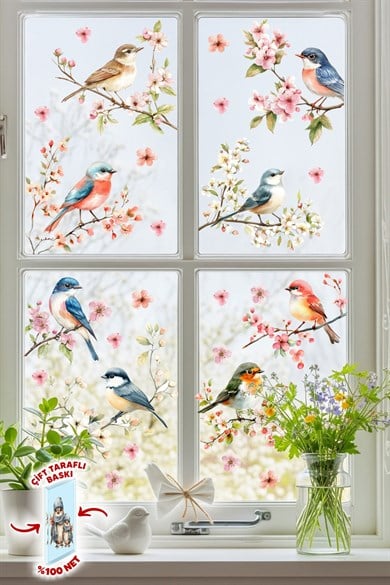 Çift Taraflı Cam Sticker Kuş ve Çiçek Seti – 57 Parça Bahar Temalı Pencere Süsü, %100 Net Görünüm