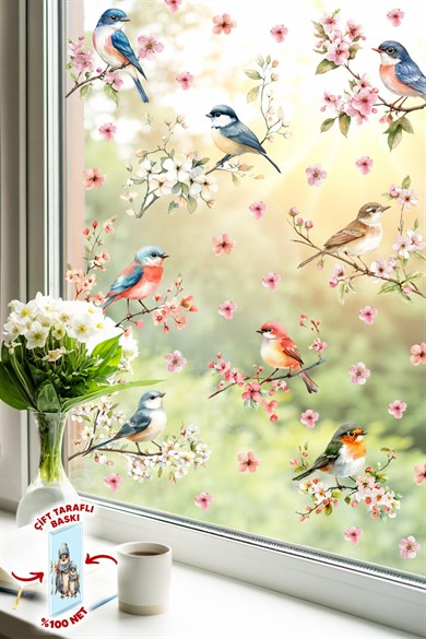 Çift Taraflı Cam Sticker Kuş ve Çiçek Seti – 57 Parça Bahar Temalı Pencere Süsü, %100 Net Görünüm