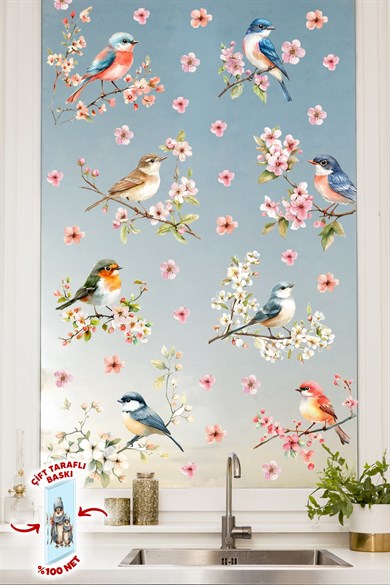 Çift Taraflı Cam Sticker Kuş ve Çiçek Seti – 57 Parça Bahar Temalı Pencere Süsü, %100 Net Görünüm