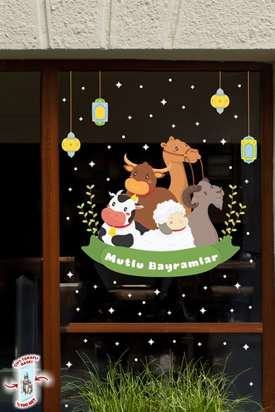 Çift Taraflı Kurban Bayramı Cam Sticker Seti 135 Parça Bayram Süsü Hayvan Figürlü Bayram Sticker Set